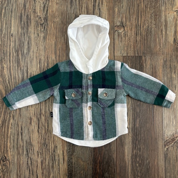 Olive+Scout Other - OLIVE+SCOUT Boys 6-12 Months Timber Shacket Green Plaid Hooded Flannel Jacket